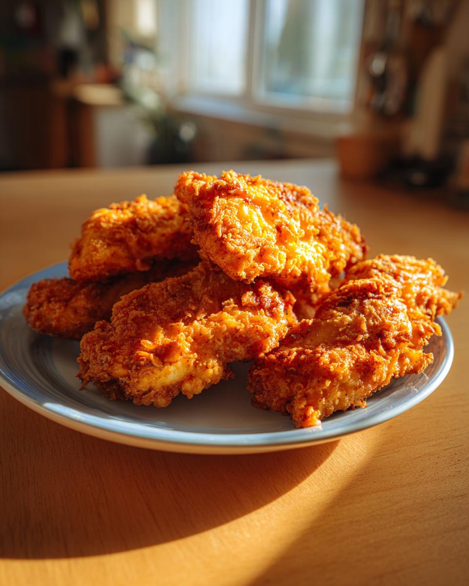 A pile of golden brown, crispy air fryer chicken tenders on a blue-rimmed plate, ready to be enjoyed.
