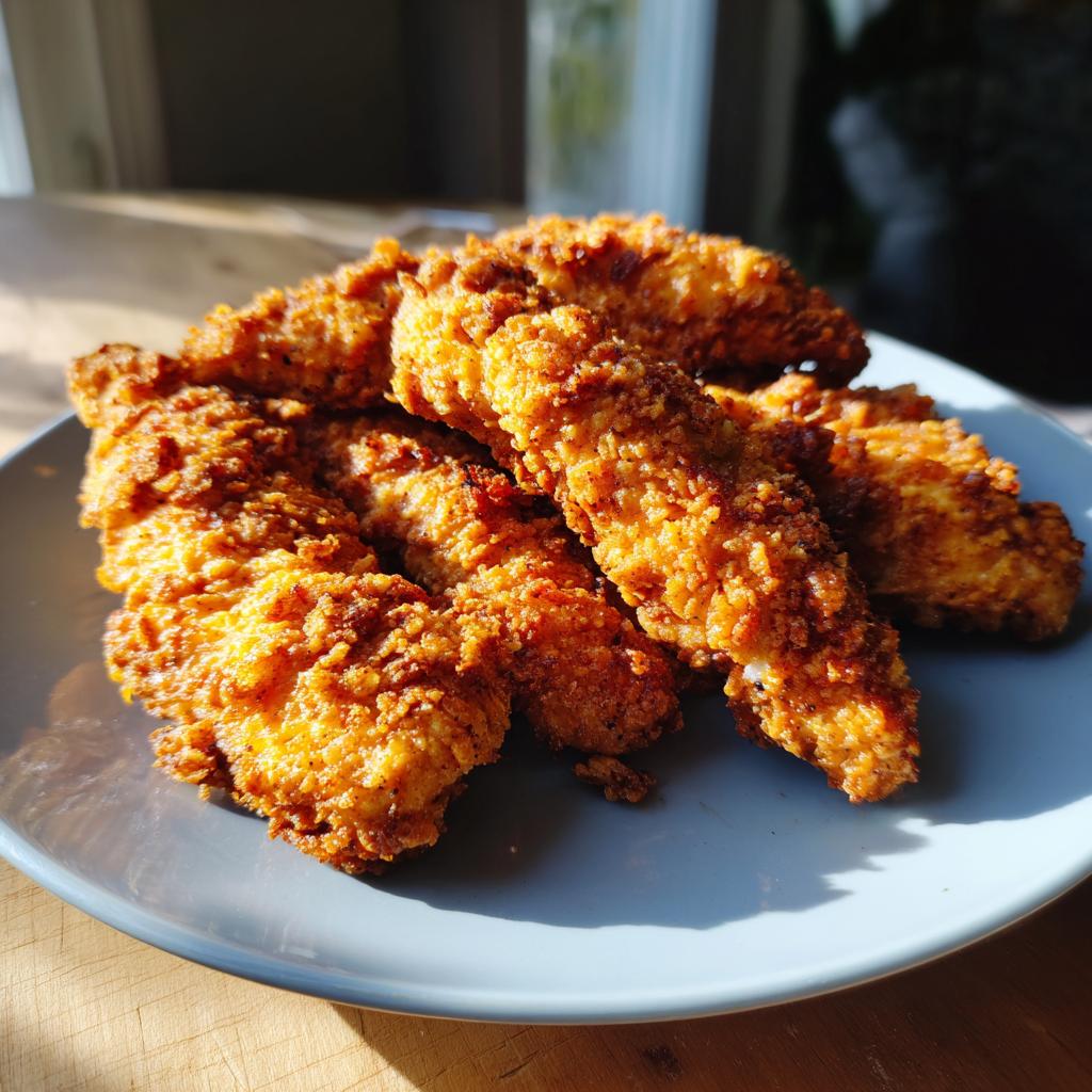 A close-up of golden-brown, crispy air fryer chicken tenders piled on a light blue plate.
