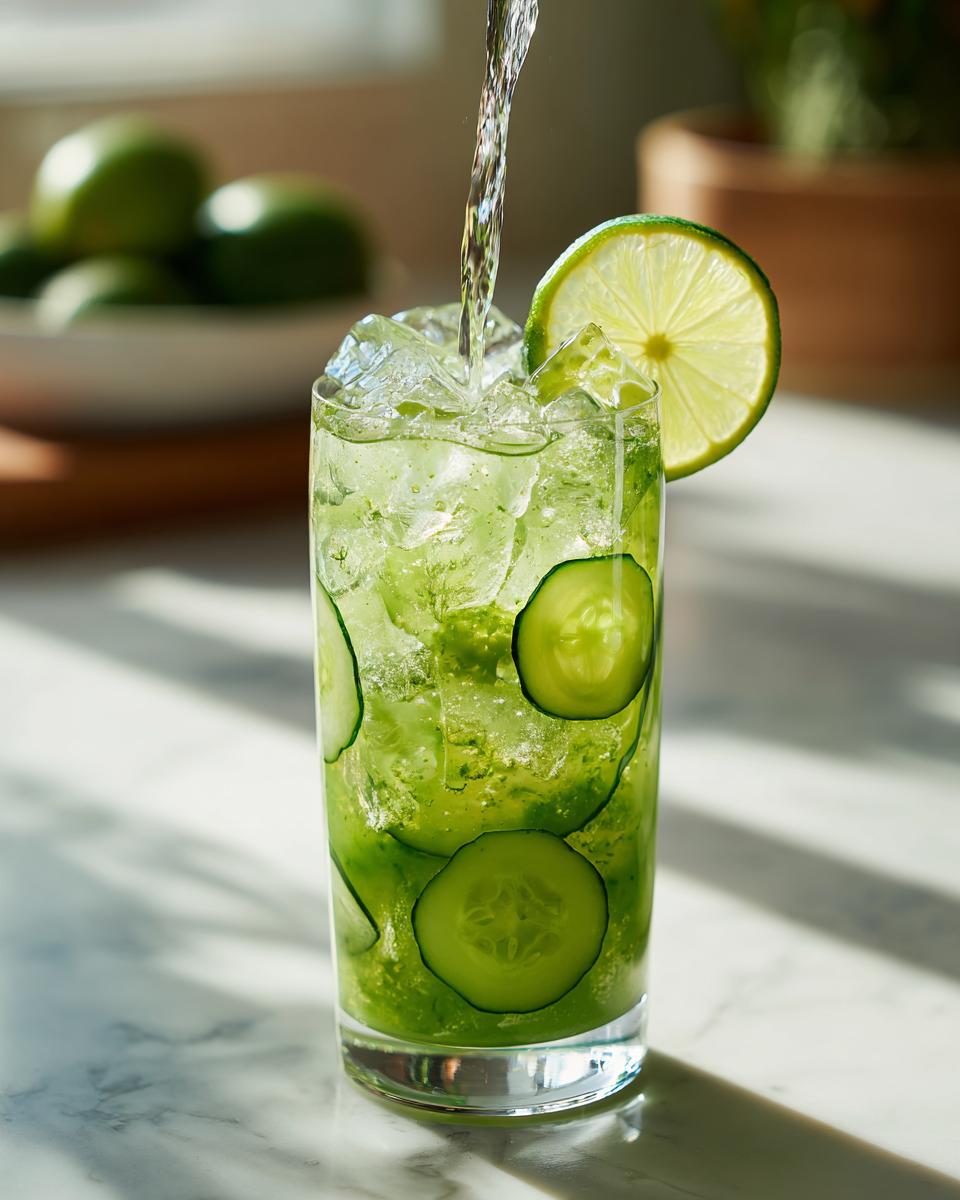 A refreshing glass of Cucumber Agua Fresca, filled with ice, cucumber slices, and a lime wedge, with liquid being poured in.