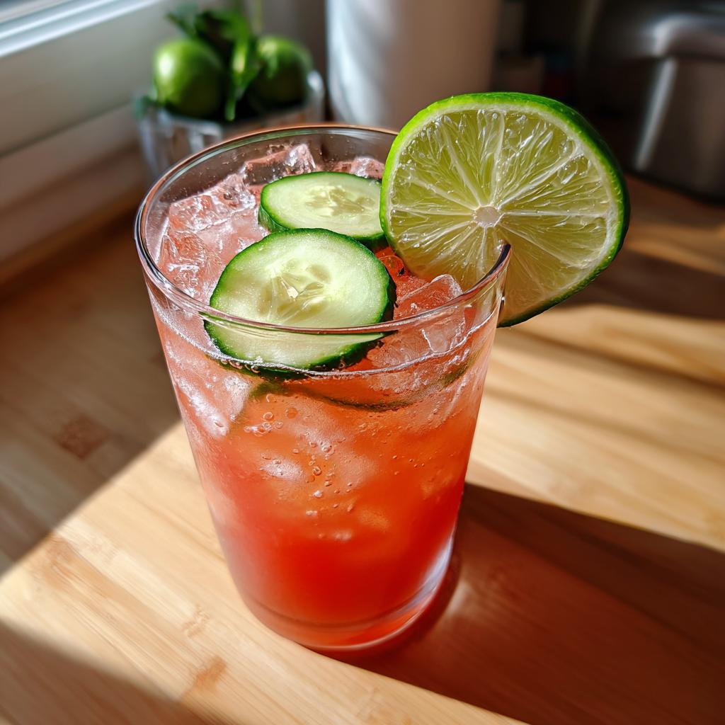 A refreshing glass of Cucumber Agua Fresca with watermelon, garnished with cucumber slices and a lime wedge.