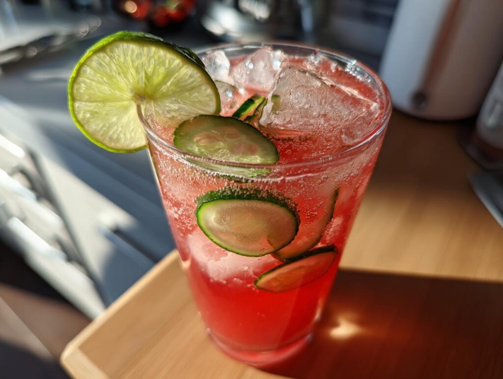 A tall glass filled with pink Cucumber Agua Fresca, ice, cucumber slices, and a lime wedge.