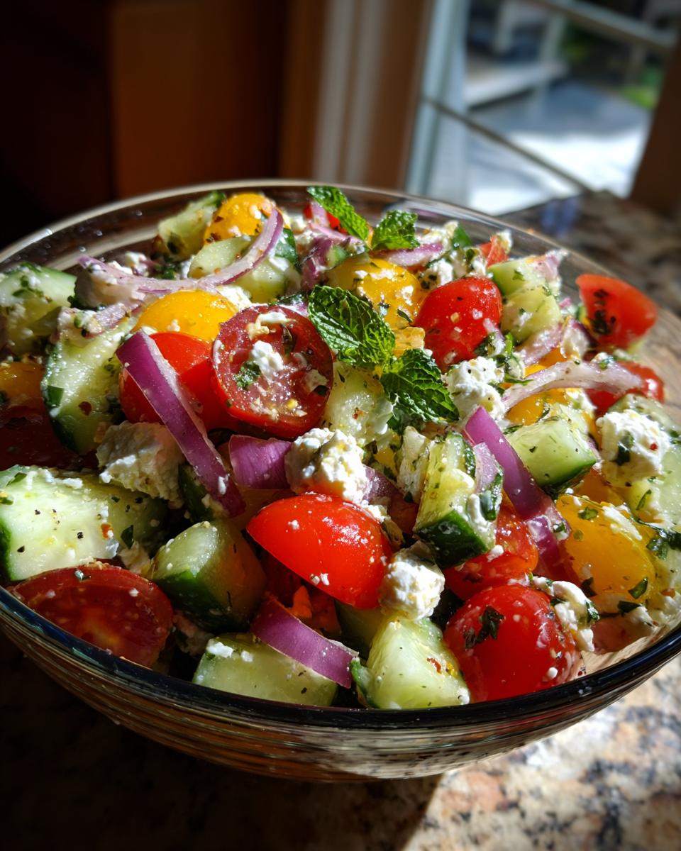 A refreshing summer salad with cucumber, tomato, feta, and red onion, perfect for cookouts.