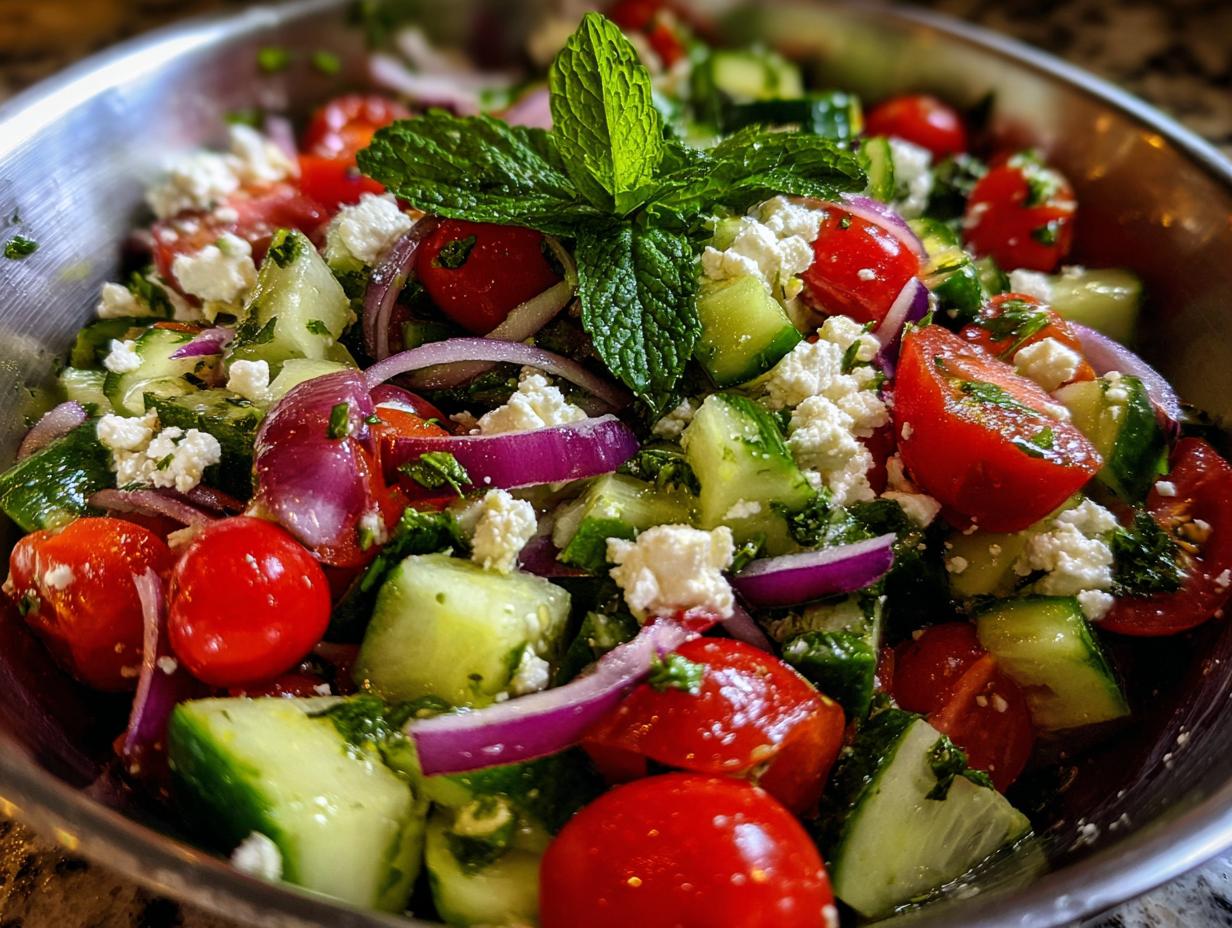 Close-up of a refreshing summer salad with cucumber, tomato, feta cheese, red onion, and mint.