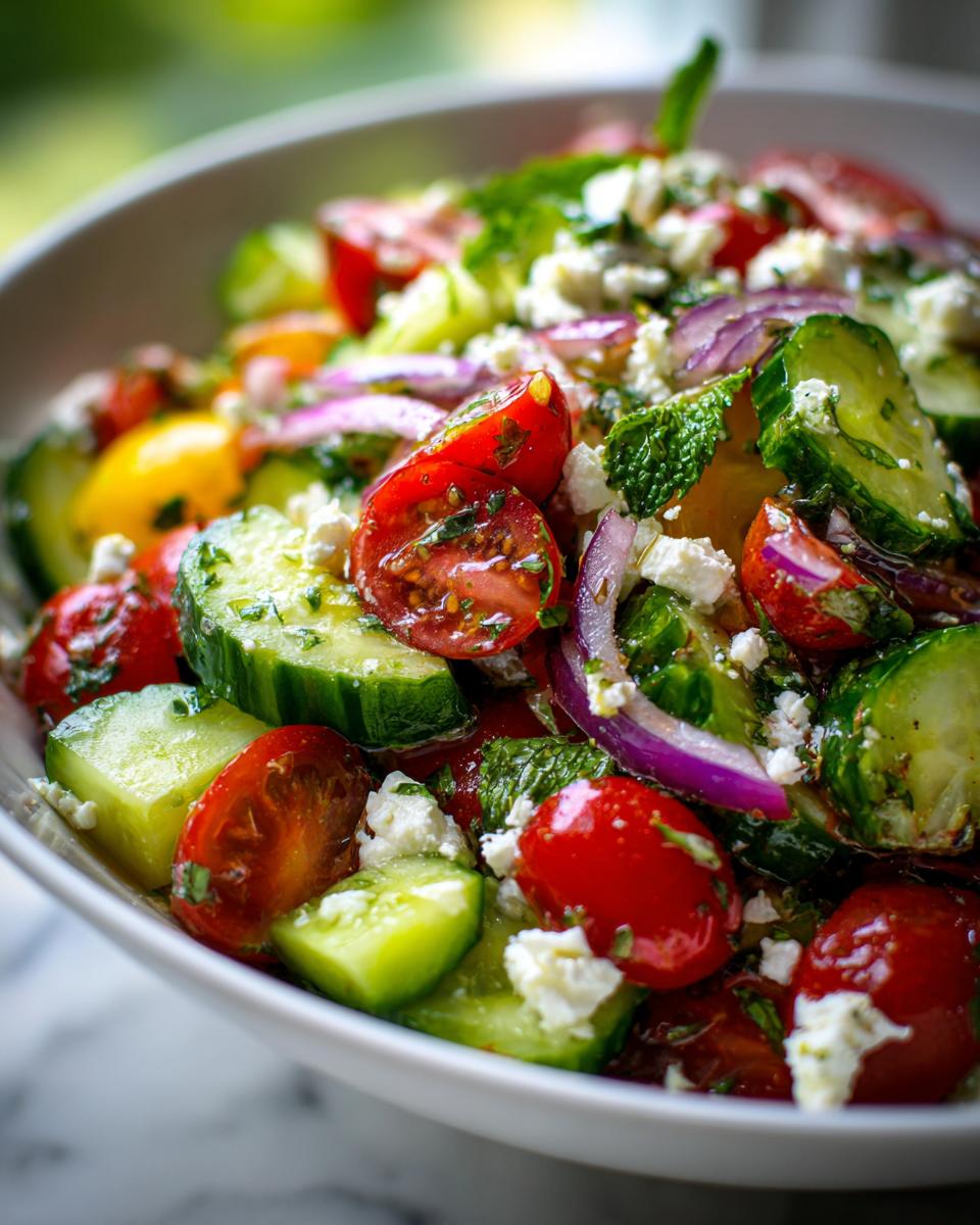 Close-up of a refreshing summer salad with cucumber, tomato, feta cheese, and red onion.