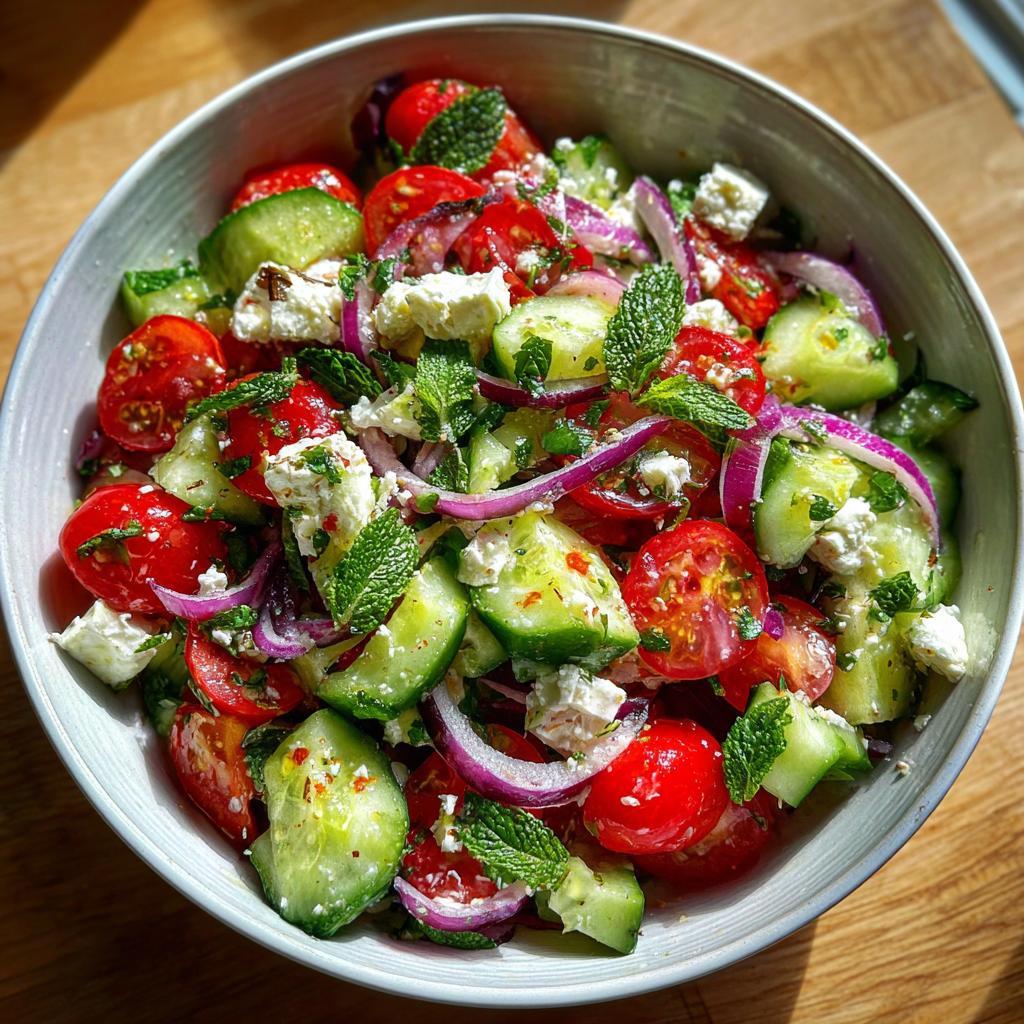 A refreshing summer salad with cucumber, tomato, feta cheese, red onion, and mint.