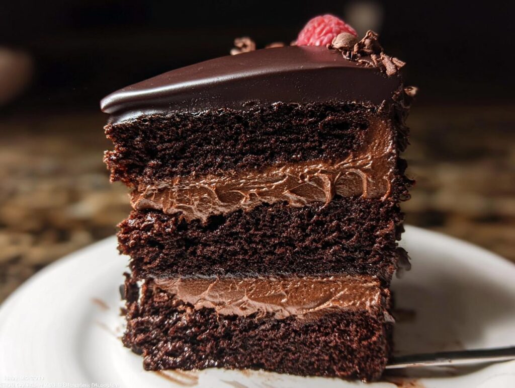 A rich slice of Dark Chocolate Mousse Cake with layers of moist chocolate cake and creamy chocolate mousse.