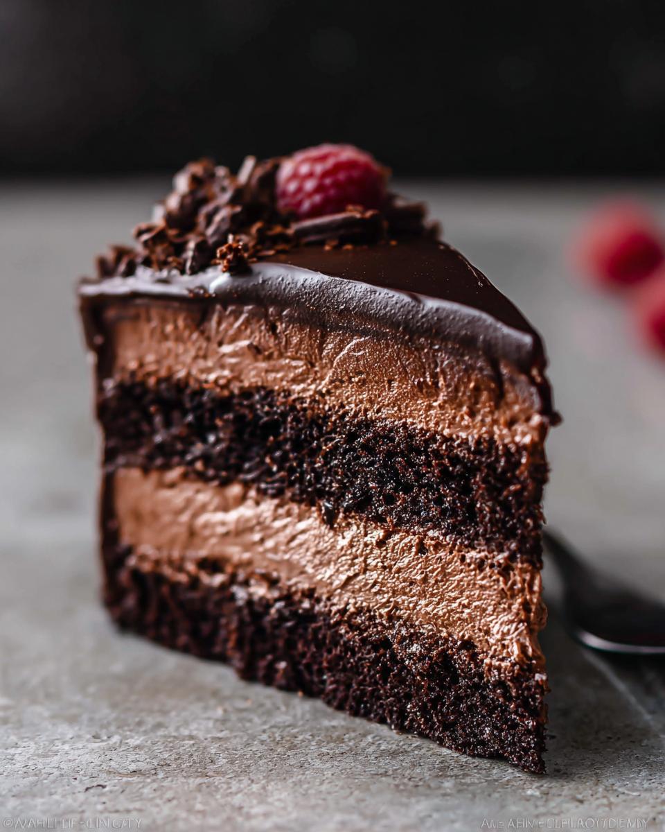 A rich slice of Dark Chocolate Mousse Cake with layers of chocolate cake and mousse, topped with chocolate shavings and a raspberry.