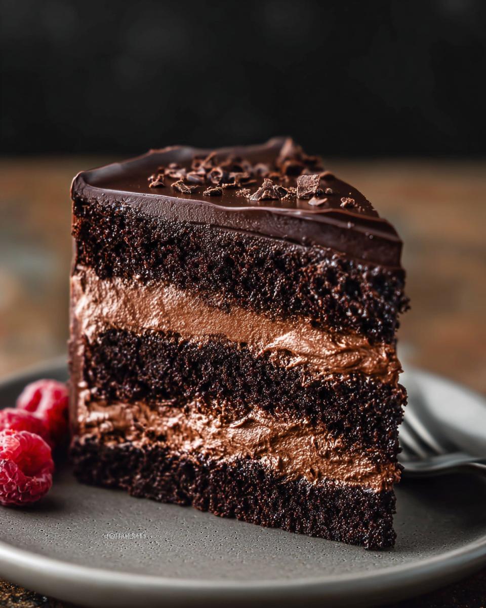 A rich slice of Dark Chocolate Mousse Cake with layers of chocolate cake and mousse, topped with chocolate ganache and shavings.