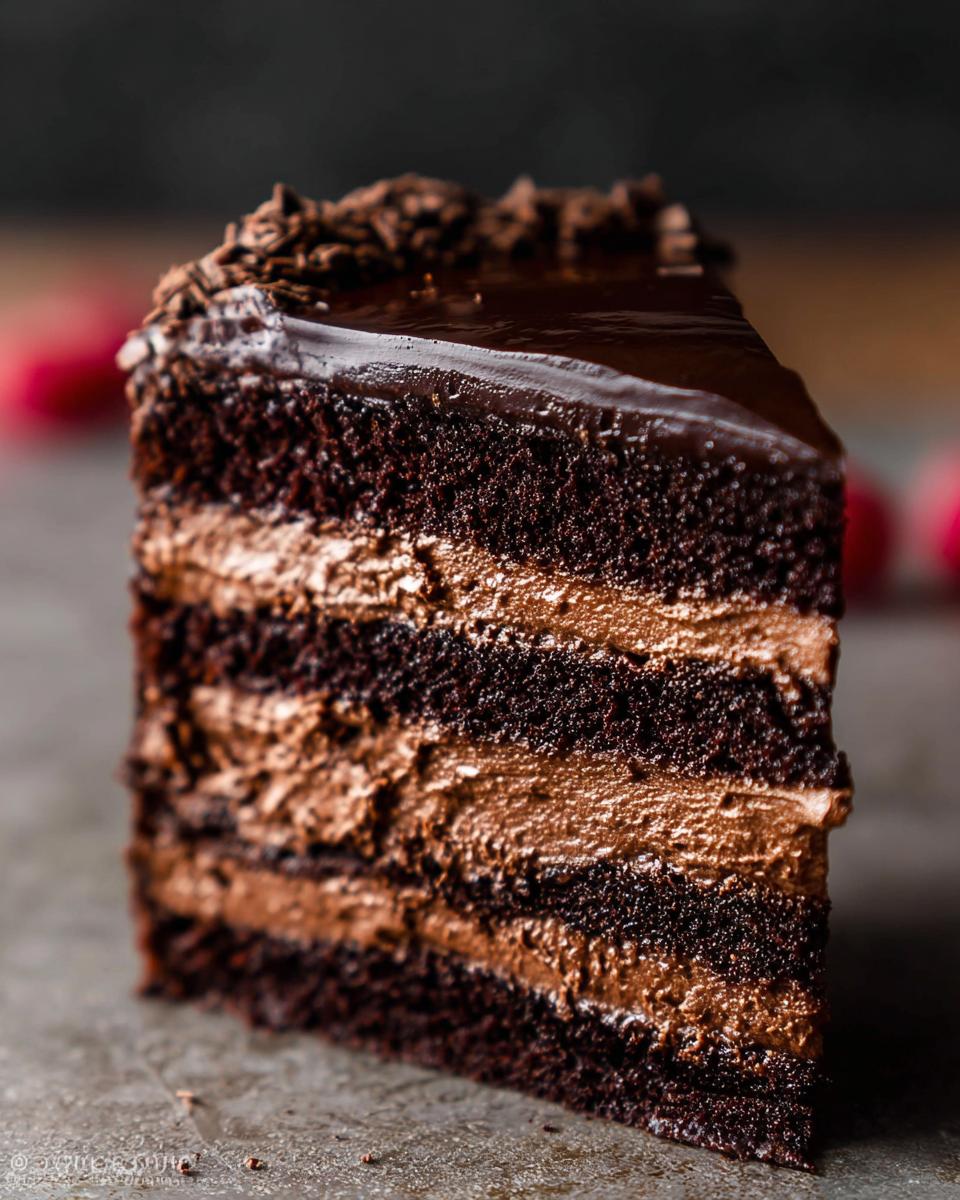 A rich slice of Dark Chocolate Mousse Cake with layers of chocolate cake and mousse, topped with chocolate shavings.