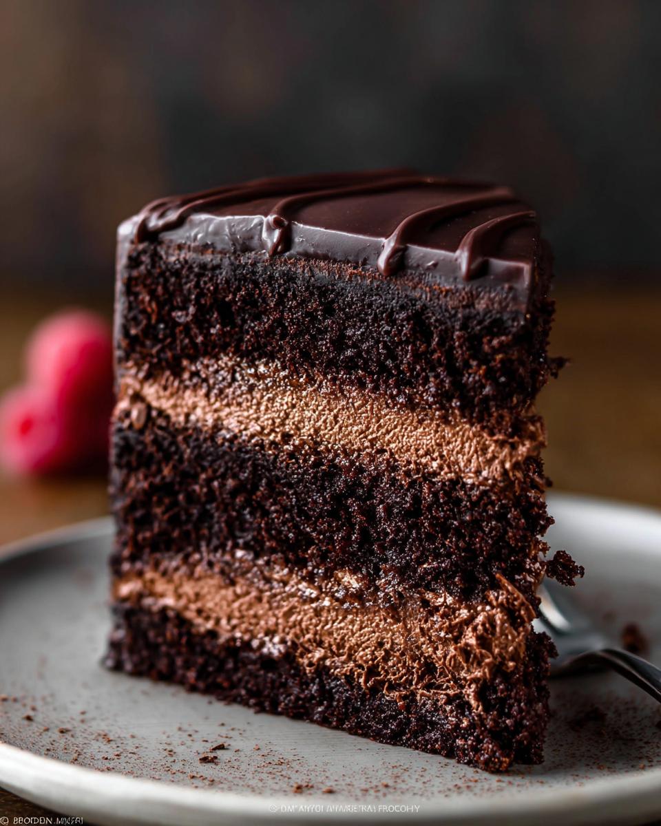 A rich slice of Dark Chocolate Mousse Cake with layers of chocolate cake and mousse, topped with chocolate ganache.