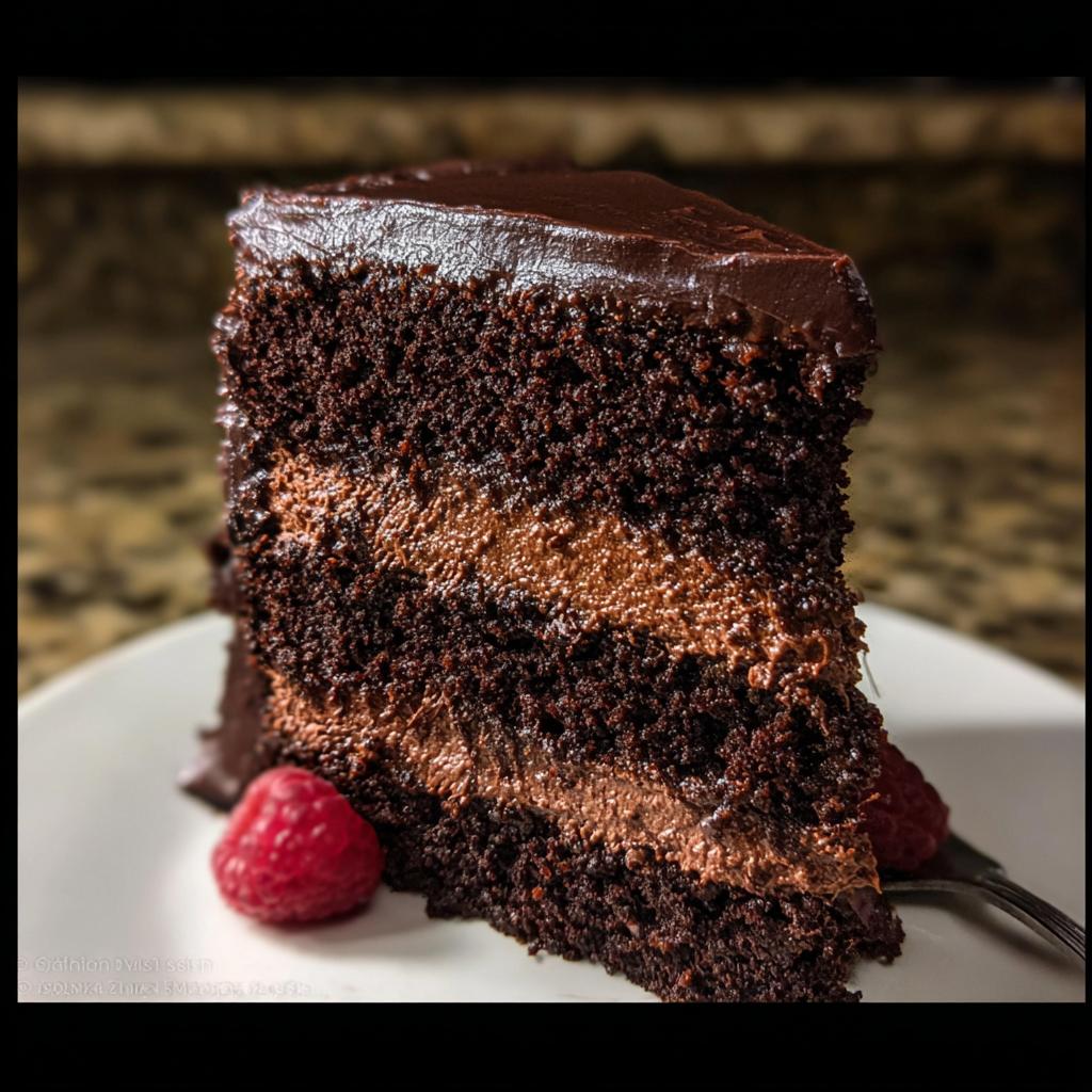 A rich slice of Dark Chocolate Mousse Cake with layers of chocolate cake and mousse, garnished with raspberries.