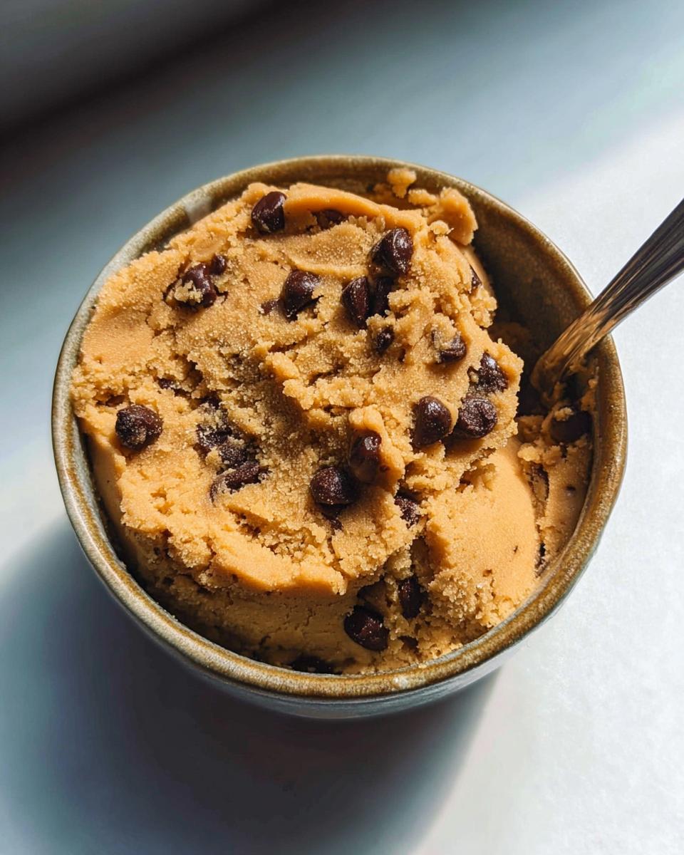 A close-up of a bowl filled with delicious protein cookie dough, studded with chocolate chips, with a spoon.