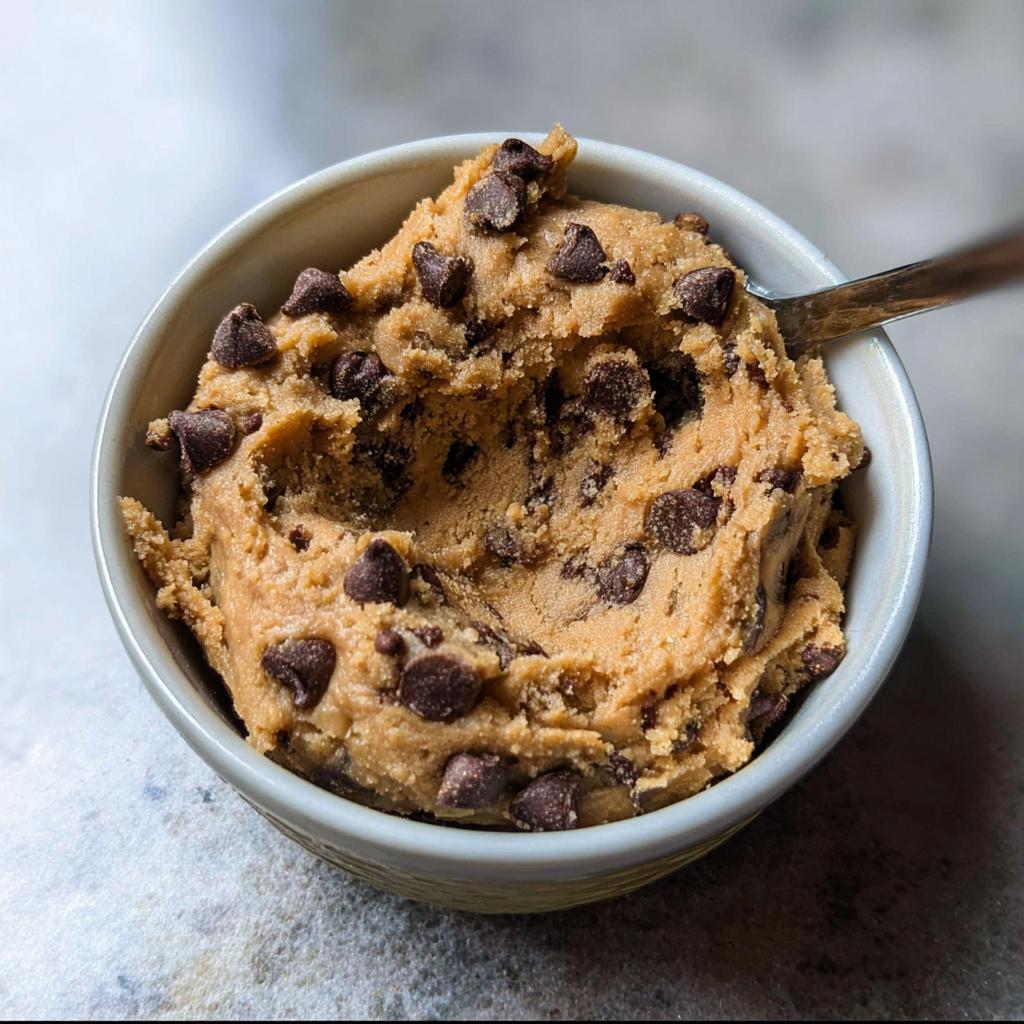 A bowl filled with delicious protein cookie dough loaded with chocolate chips, with a spoon in the bowl.