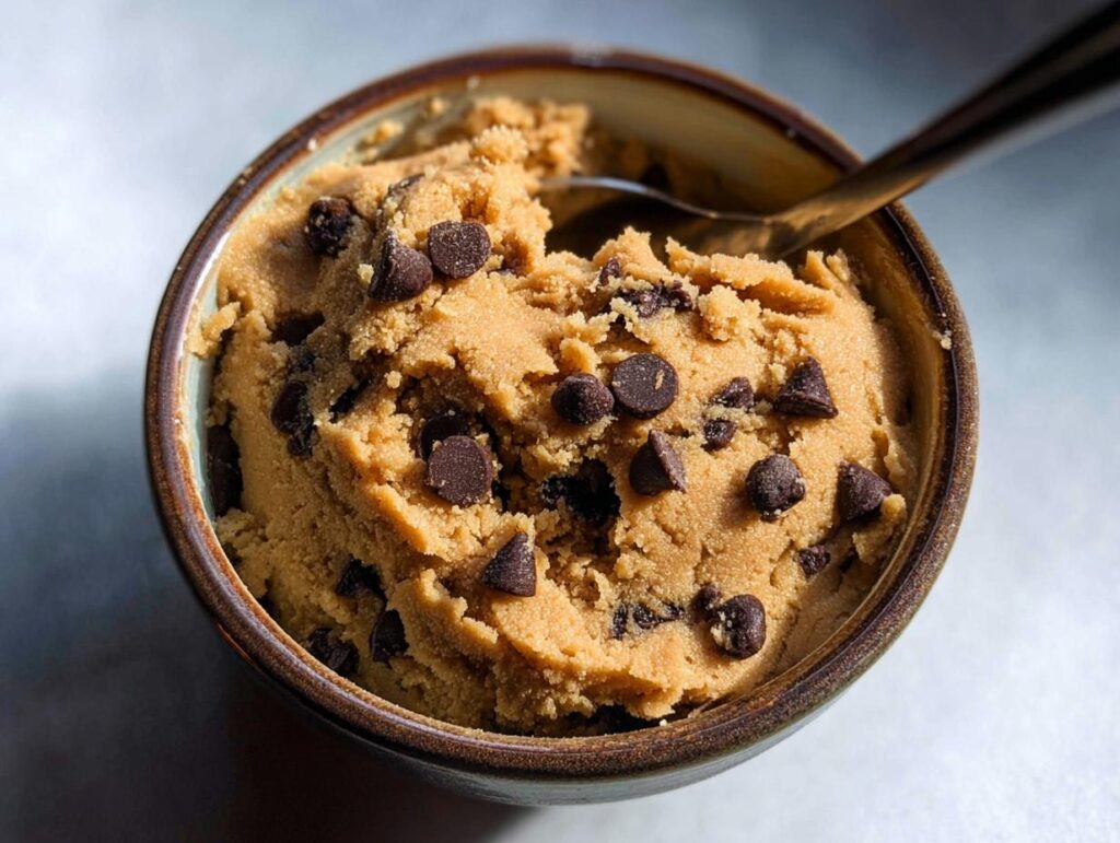 A bowl filled with delicious protein cookie dough, studded with chocolate chips, and a spoon resting on top.