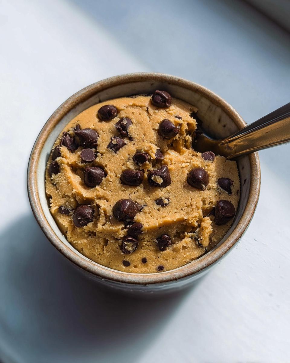 A close-up of a bowl filled with Delicious Protein Cookie Dough, studded with dark chocolate chips, with a spoon taking a bite.