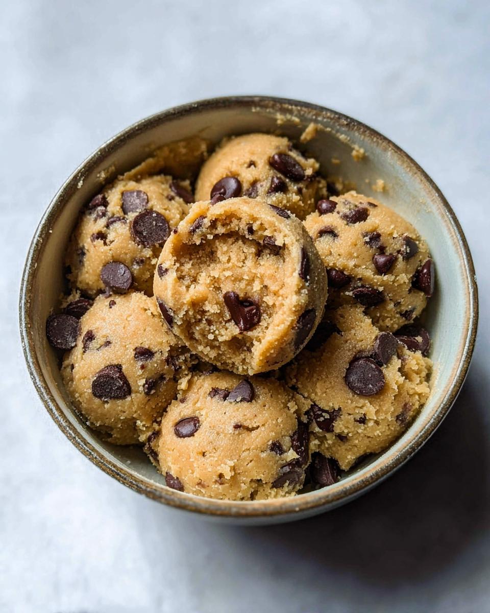 A bowl filled with scoops of Delicious Protein Cookie Dough, studded with chocolate chips.