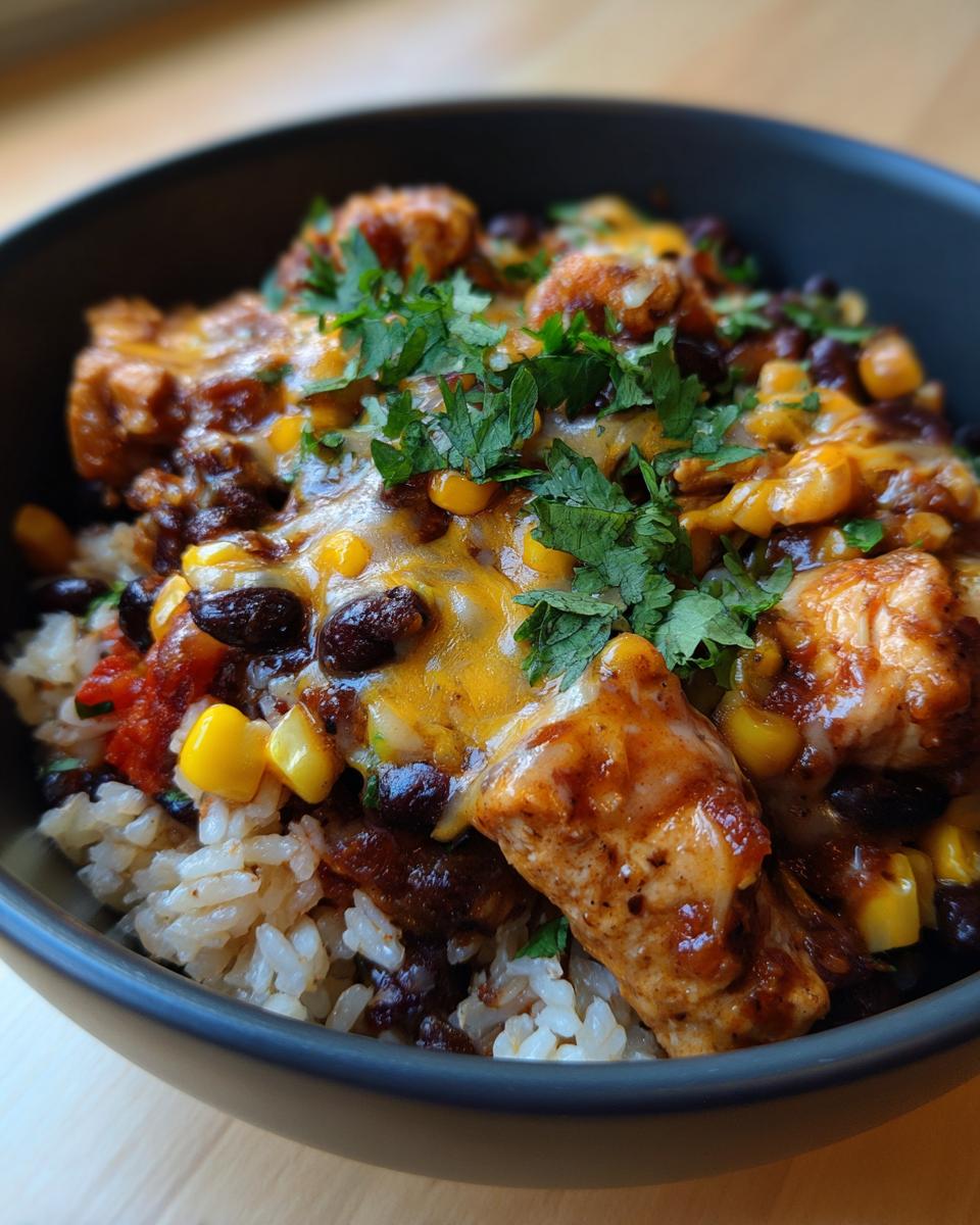 A close-up of an Easy Dinner Recipe: BBQ Chicken Bowl with rice, black beans, corn, melted cheese, and cilantro.