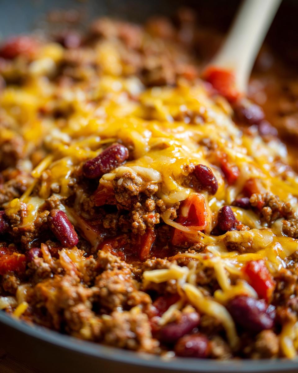 Close-up of a bubbling Beef Taco Skillet with ground beef, kidney beans, tomatoes, and melted cheddar cheese.