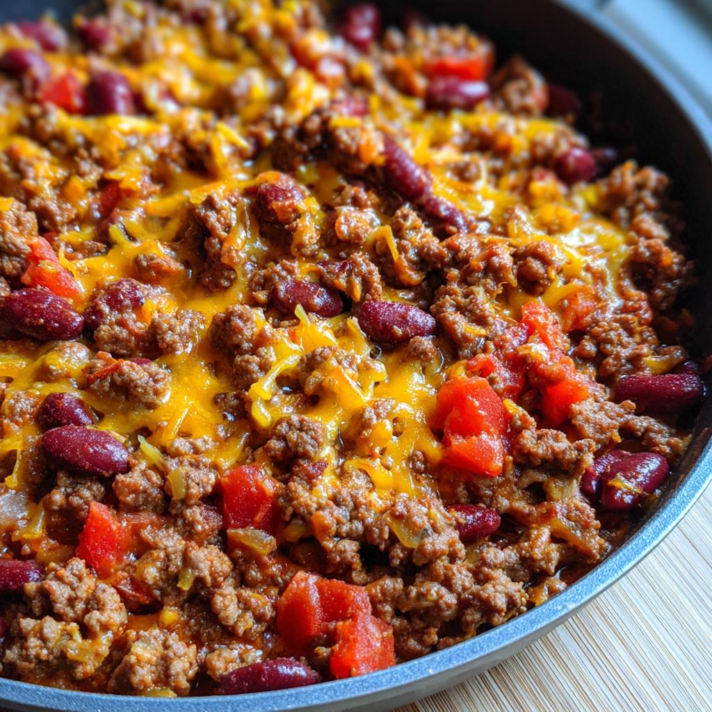 Close-up of a bubbling Beef Taco Skillet Dinner with ground beef, kidney beans, tomatoes, and melted cheese.