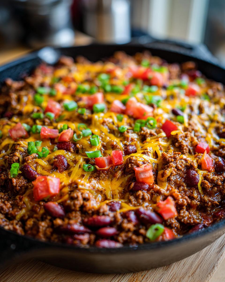 Close-up of a hearty beef taco skillet dinner topped with melted cheese, tomatoes, and green onions.