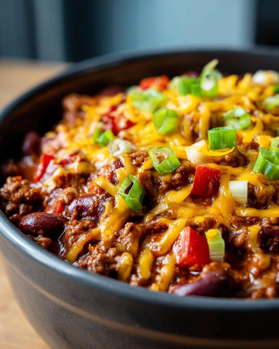 Close-up of a bowl of Easy Beef Taco Skillet Dinner, topped with melted cheese and green onions.