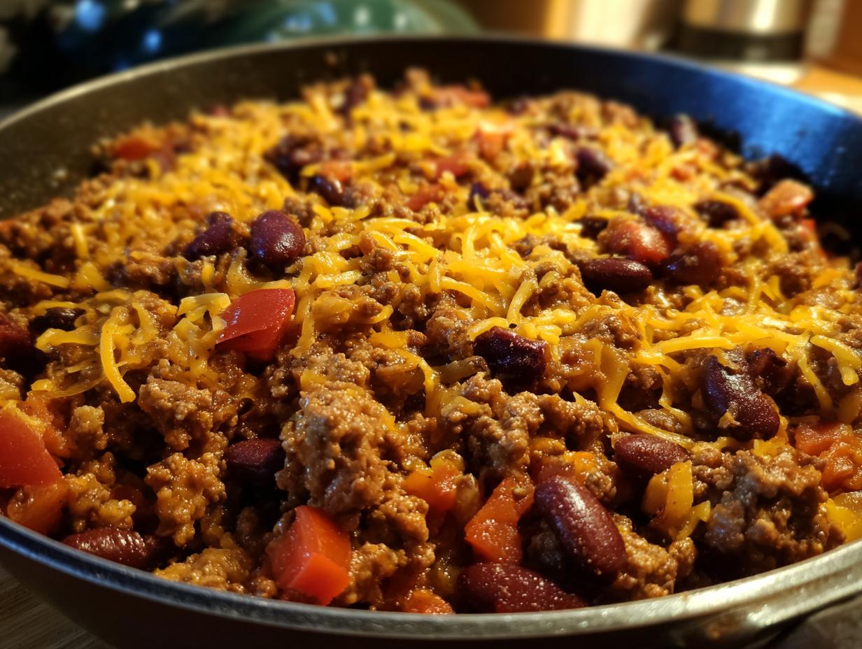Close-up of an Easy Beef Taco Skillet Dinner, featuring ground beef, kidney beans, diced tomatoes, and melted cheddar cheese.