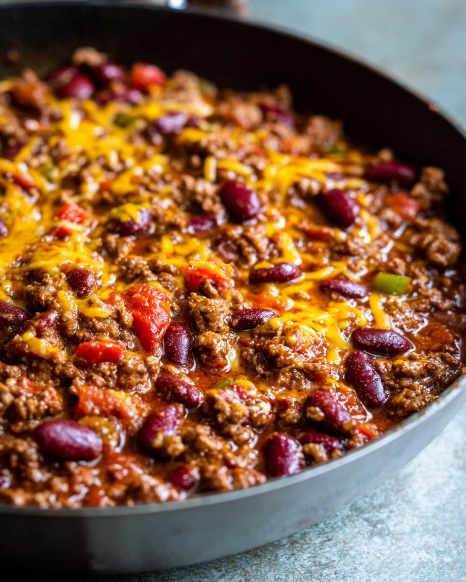 Close-up of a beef taco skillet with kidney beans, tomatoes, and melted cheddar cheese.