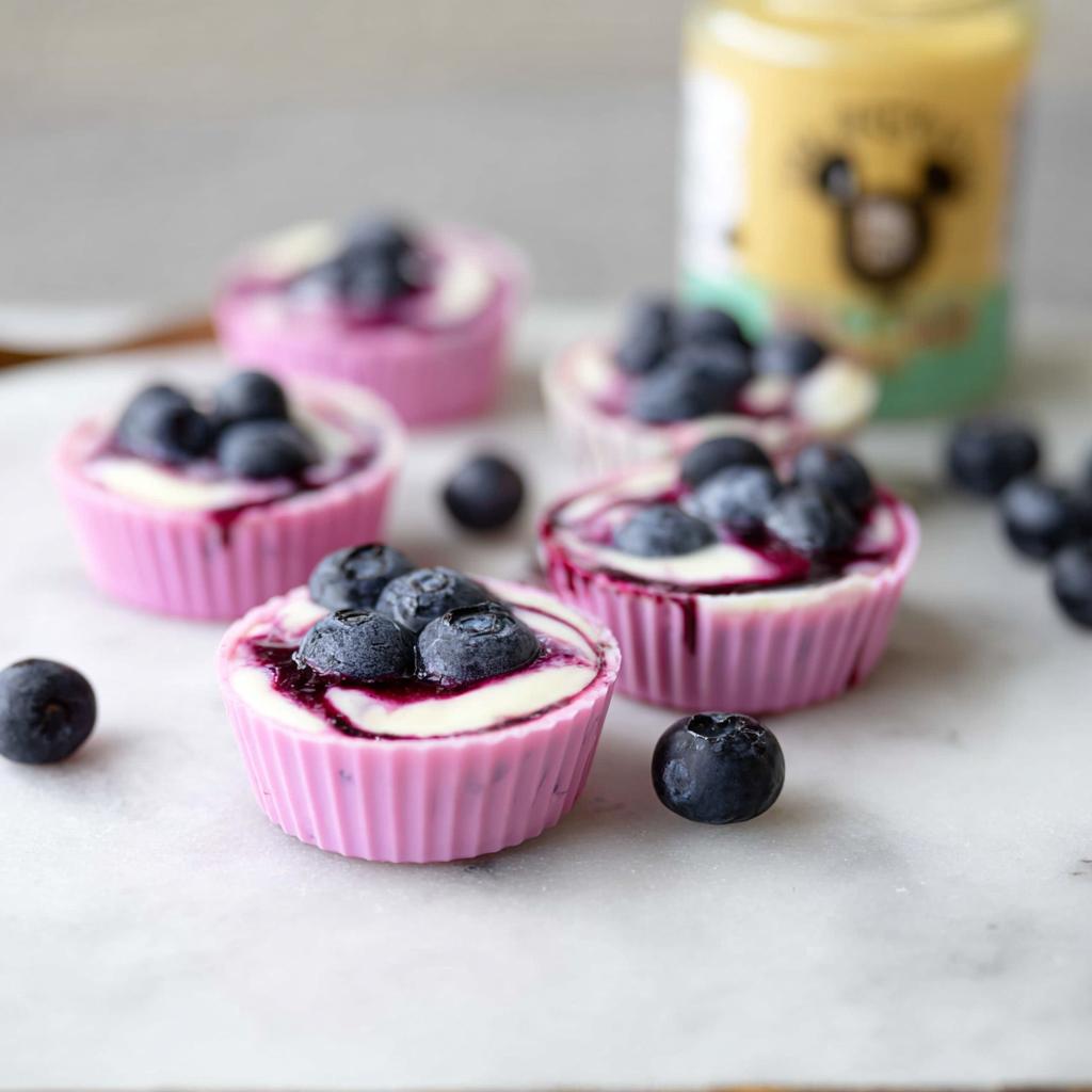 Close-up of Easy Blueberry Swirl Yogurt Bites topped with fresh blueberries and a purple swirl.