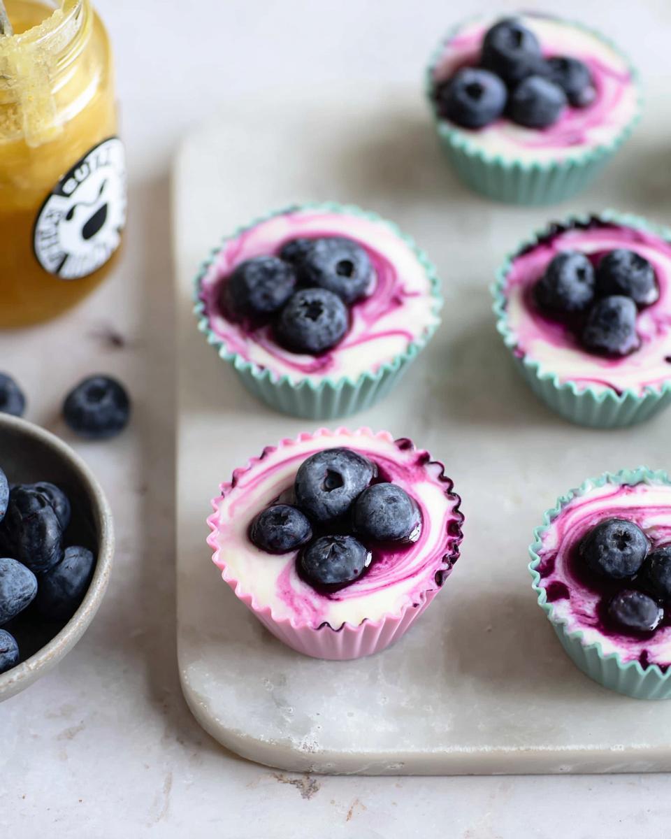 Close-up of easy blueberry swirl yogurt bites topped with fresh blueberries.
