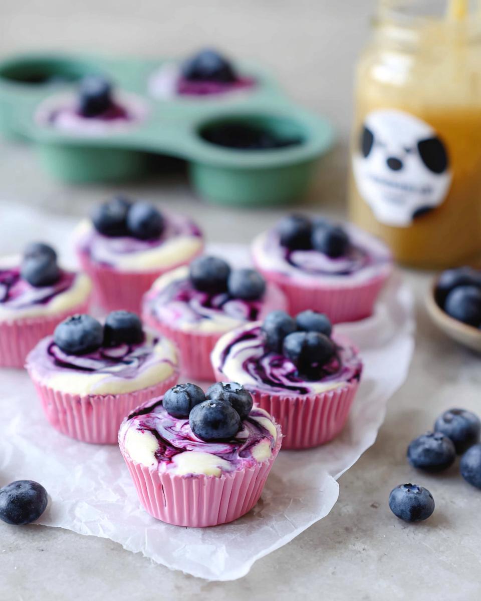 Close-up of Easy Blueberry Swirl Yogurt Bites topped with fresh blueberries, arranged on parchment paper.