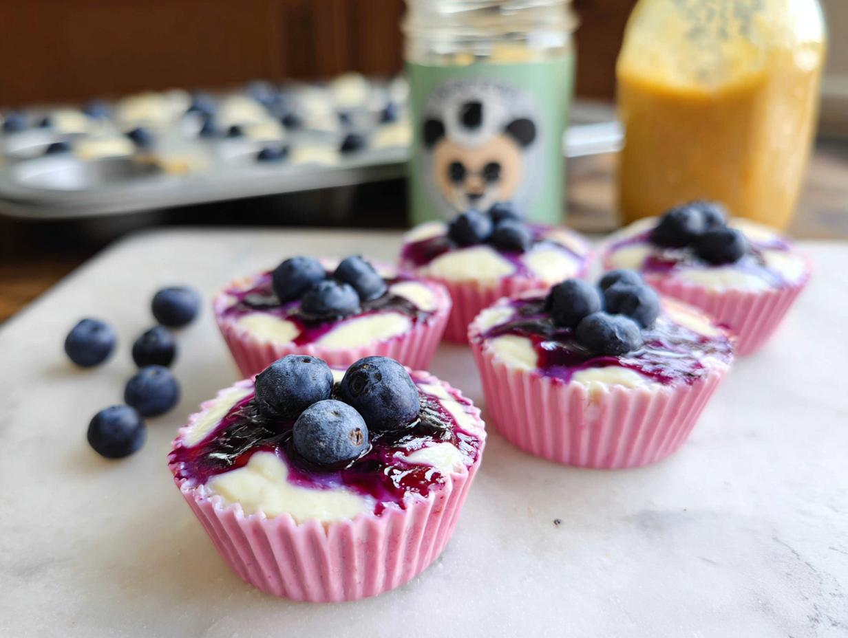 Close-up of Easy Blueberry Swirl Yogurt Bites topped with fresh blueberries and blueberry swirl.