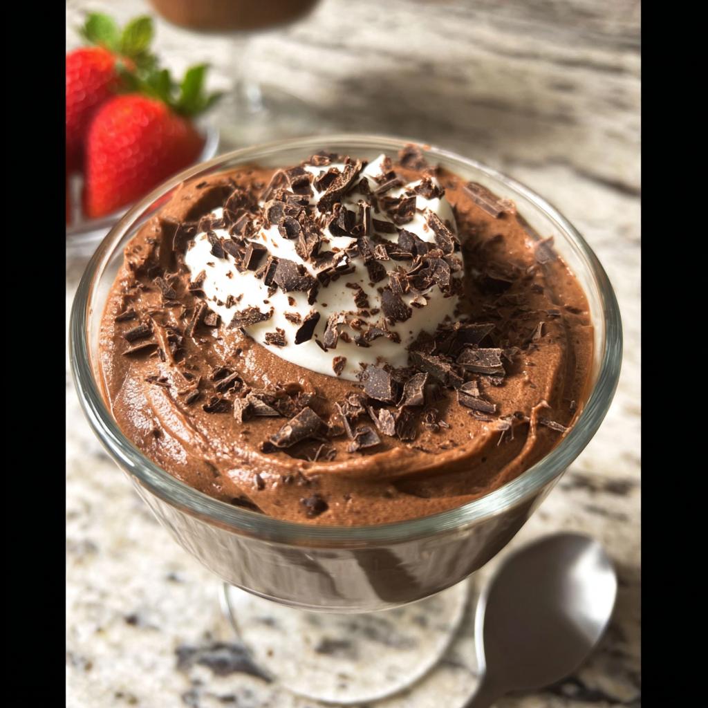A decadent serving of Easy Cottage Cheese Chocolate Mousse topped with whipped cream and chocolate shavings.