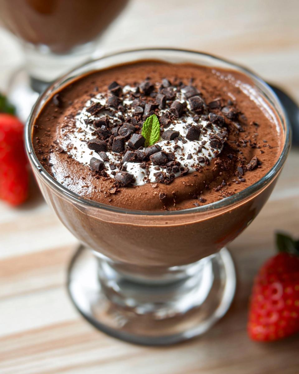 A serving of Easy Cottage Cheese Chocolate Mousse topped with whipped cream, chocolate shavings, and a mint leaf.