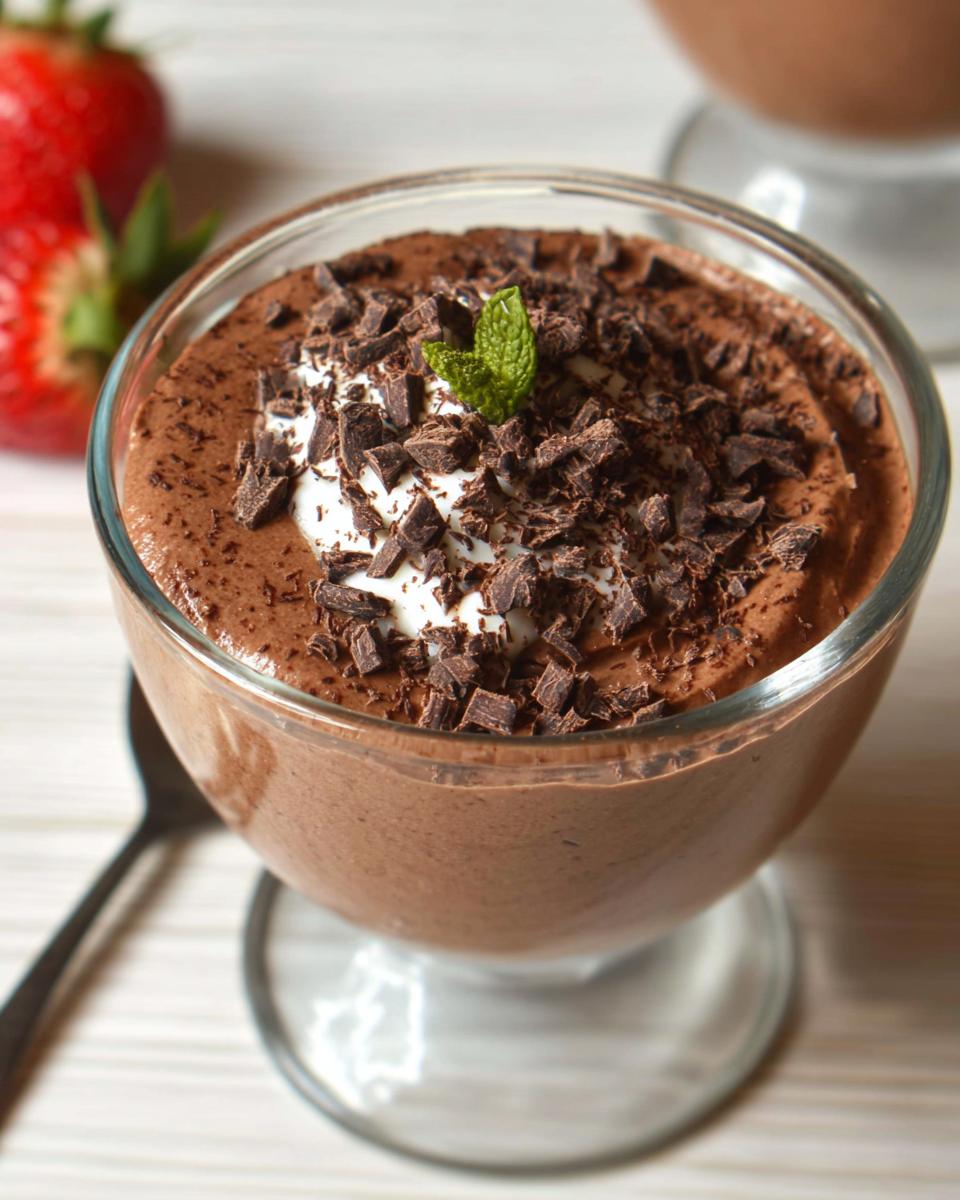 A serving of Easy Cottage Cheese Chocolate Mousse topped with whipped cream, chocolate shavings, and a mint leaf.