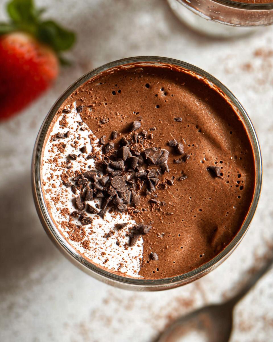 Overhead view of a glass filled with Easy Cottage Cheese Chocolate Mousse, topped with whipped cream and chocolate shavings. A strawberry is blurred in the background.