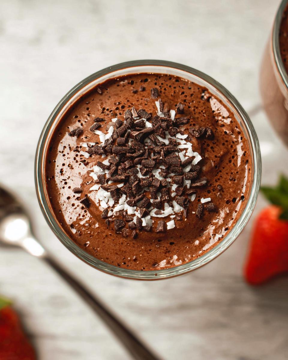 Overhead view of a glass filled with easy cottage cheese chocolate mousse, topped with chocolate shavings and white curls.
