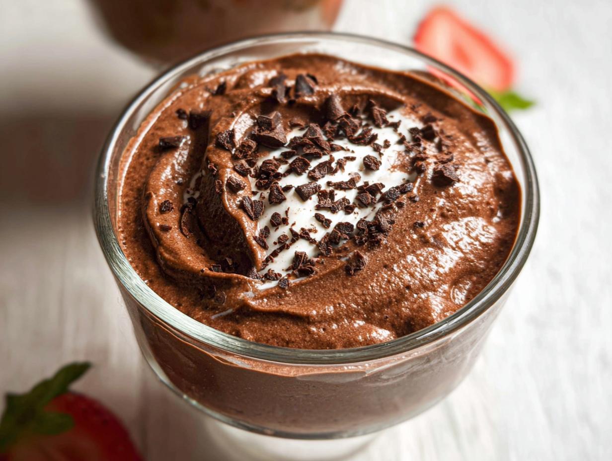 A close-up of a glass bowl filled with rich chocolate mousse, topped with whipped cream and chocolate shavings. This is an Easy Cottage Cheese Chocolate Mousse.