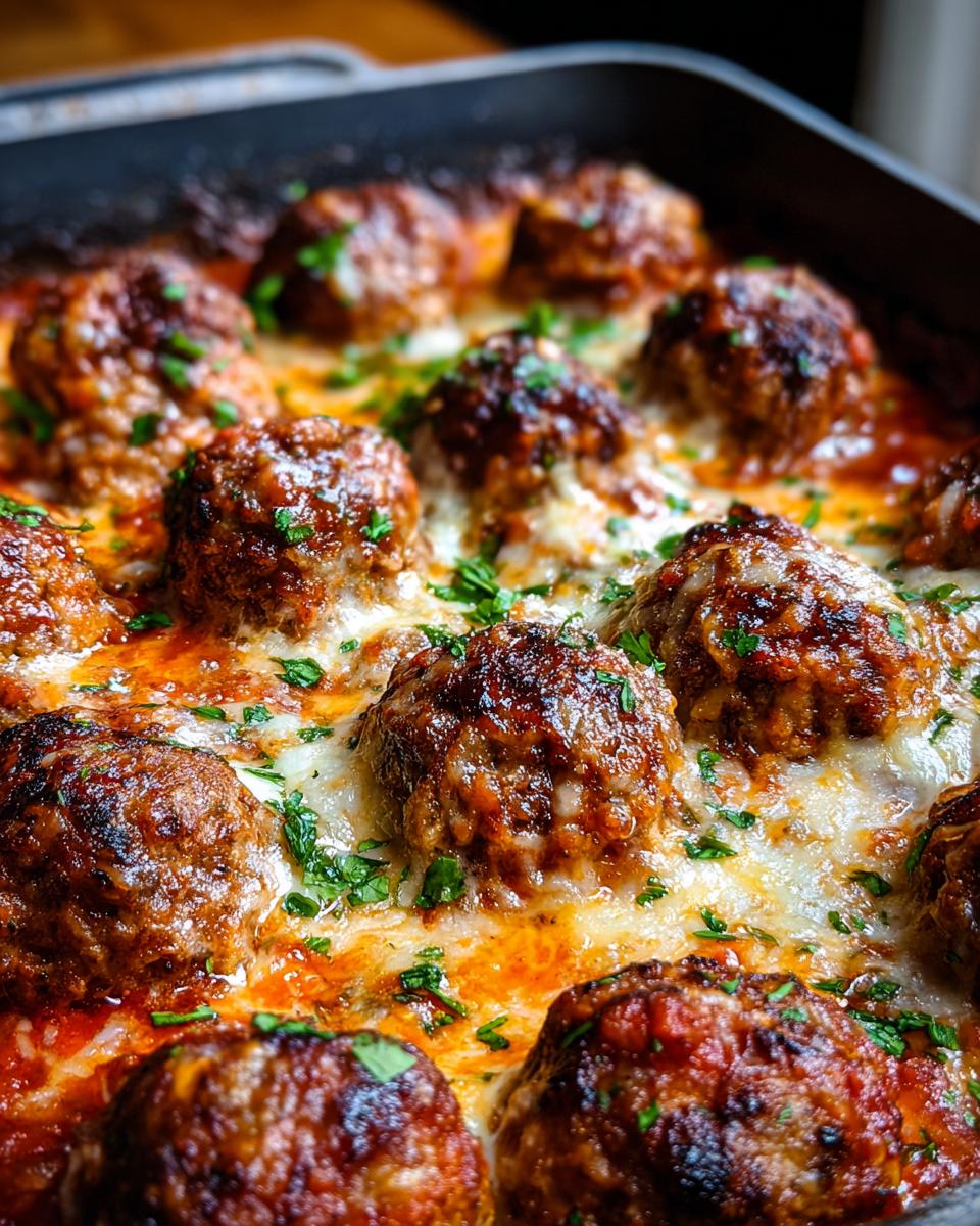 Close-up of baked meatballs covered in melted cheese and sprinkled with parsley, perfect for easy dinner recipes.