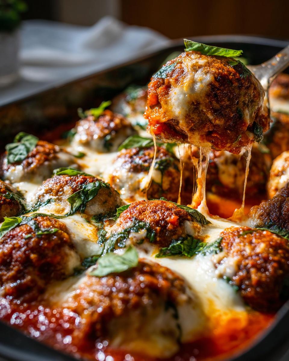 A serving spoon lifts a cheesy baked meatball from a pan of baked meatballs, covered in melted mozzarella and basil.