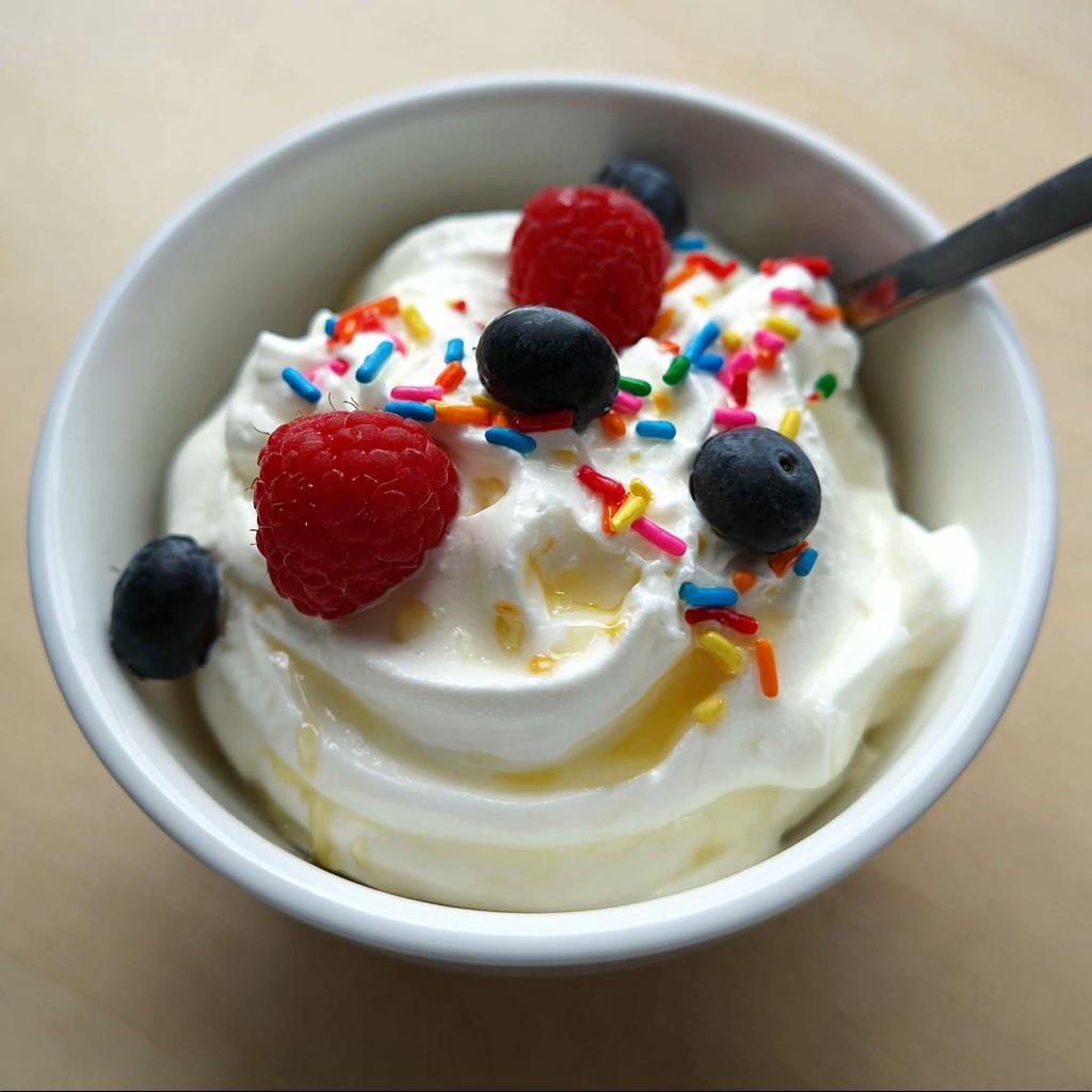 A bowl of creamy frozen Greek yogurt topped with fresh raspberries, blueberries, colorful sprinkles, and a drizzle of honey.