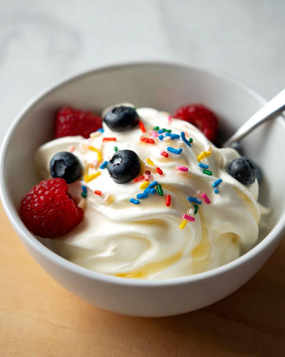 A bowl of easy frozen Greek yogurt topped with fresh blueberries, raspberries, and colorful sprinkles.