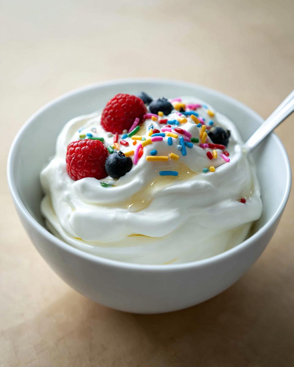 A bowl of creamy frozen Greek yogurt topped with fresh raspberries, blueberries, colorful sprinkles, and a drizzle of honey.