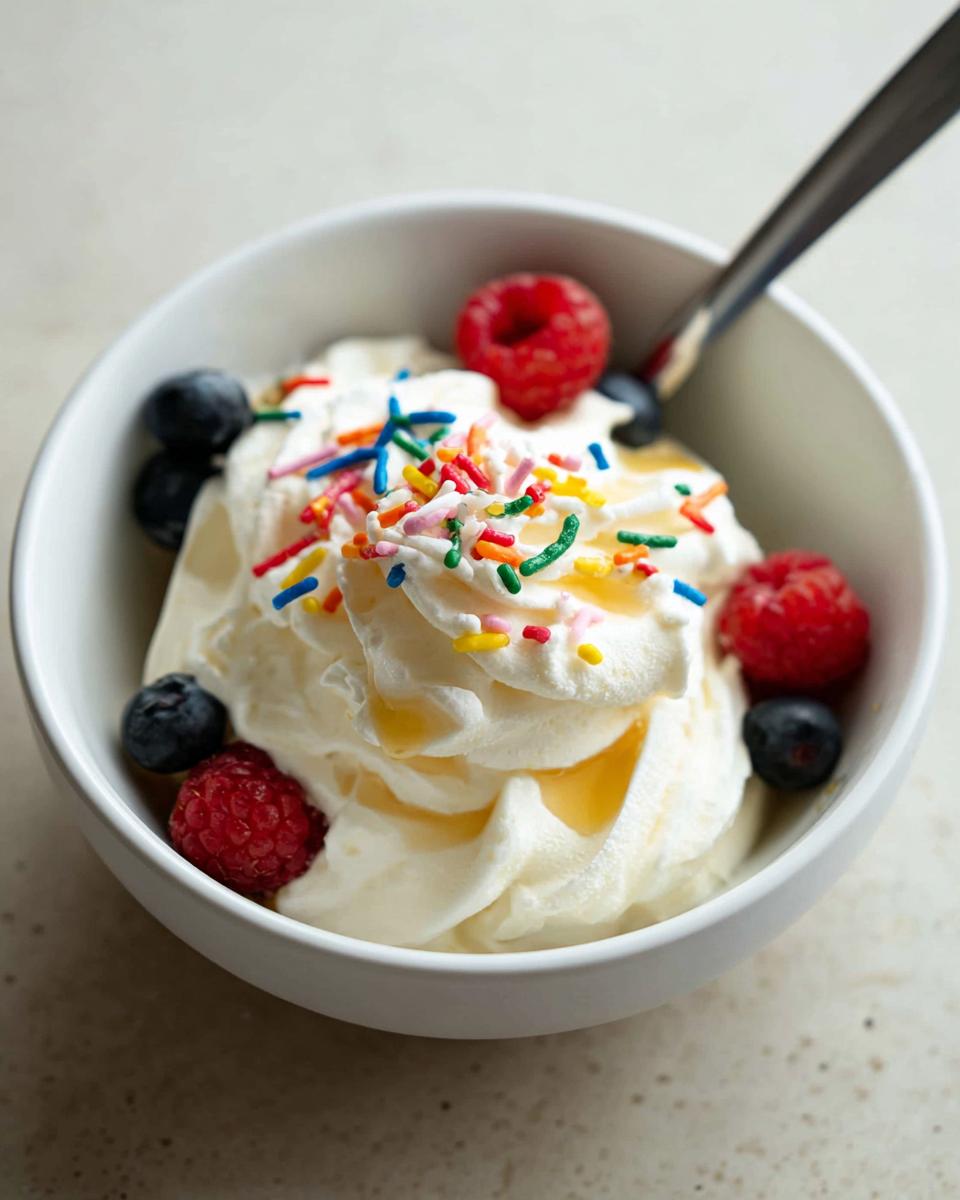 A bowl of easy frozen Greek yogurt topped with fresh raspberries, blueberries, sprinkles, and a drizzle of honey.