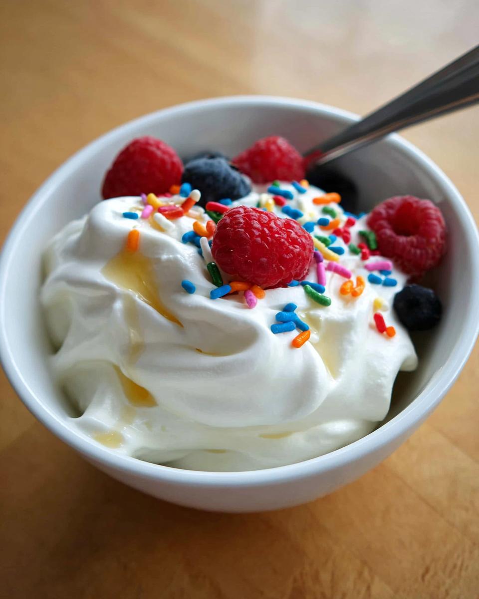 A bowl of creamy frozen Greek yogurt topped with fresh raspberries, blueberries, colorful sprinkles, and a drizzle of honey.
