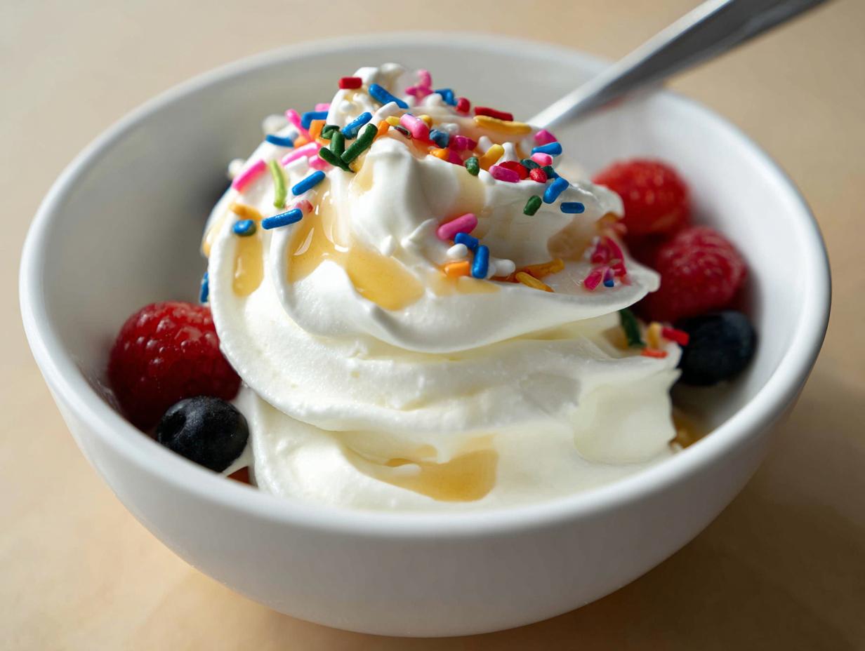 A swirl of easy frozen Greek yogurt topped with colorful sprinkles, drizzled honey, and surrounded by fresh blueberries and raspberries.