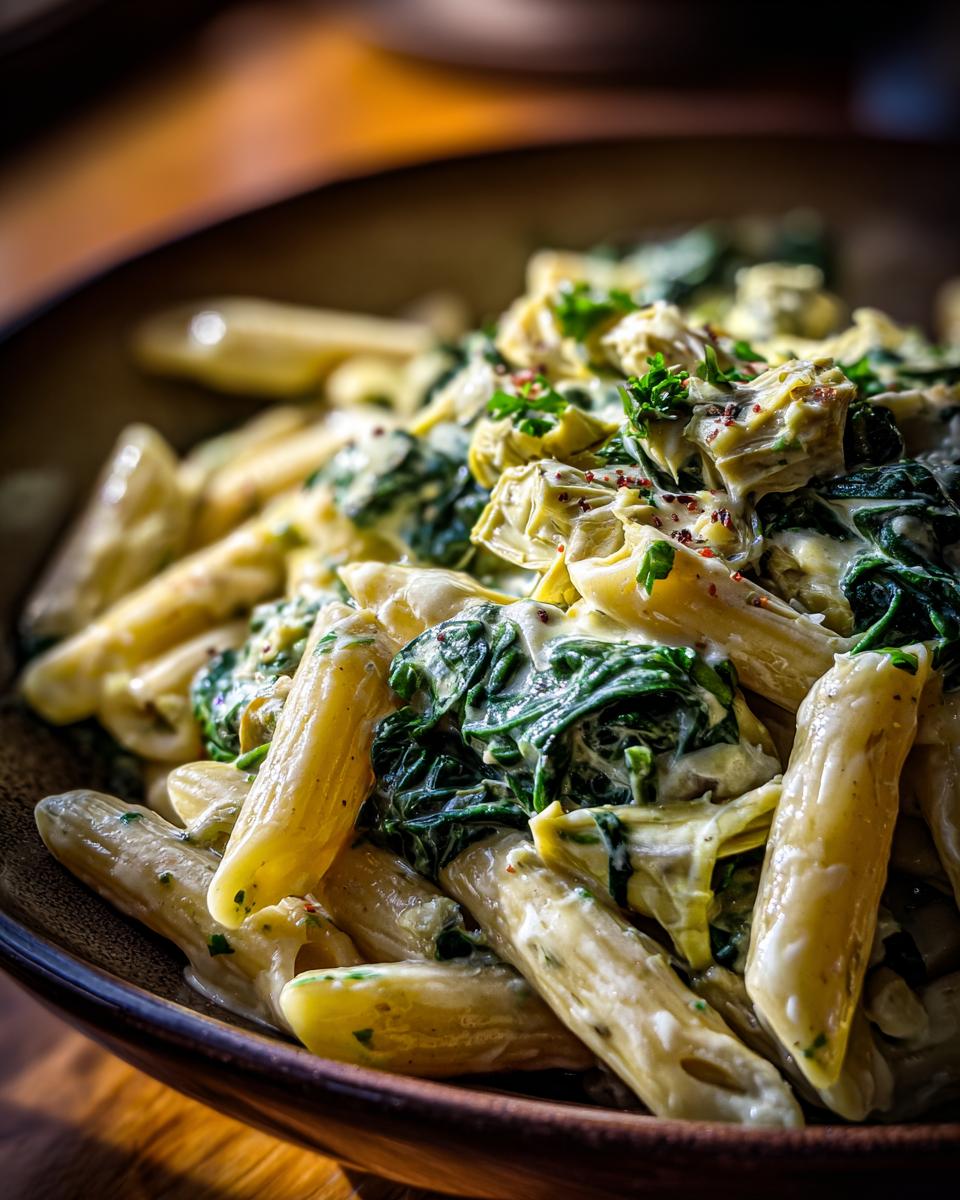 Close-up of creamy spinach artichoke pasta in a bowl, featuring penne pasta, wilted spinach, and artichoke hearts.