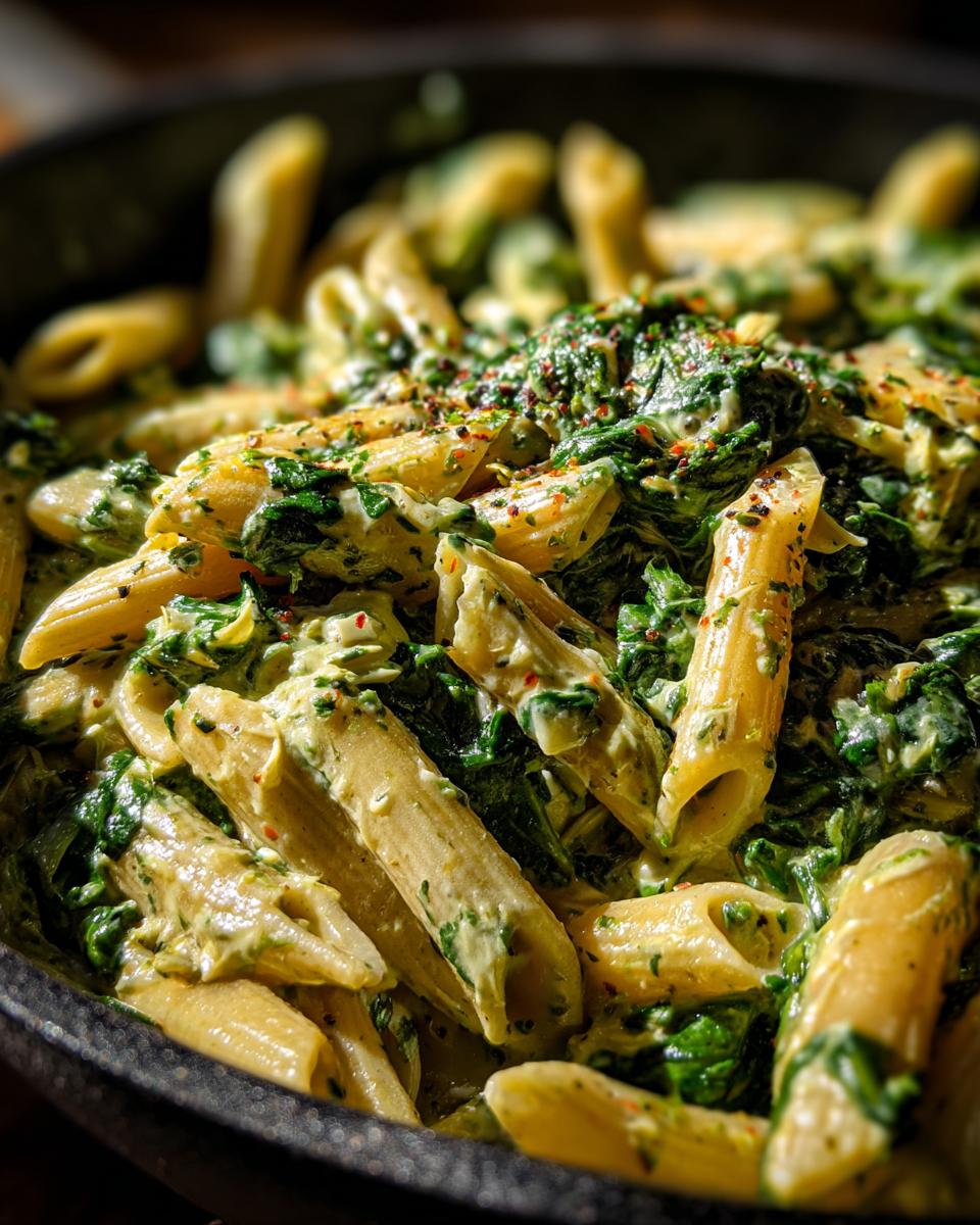 Close-up of creamy spinach artichoke pasta with penne noodles, a delicious and easy dinner recipe.