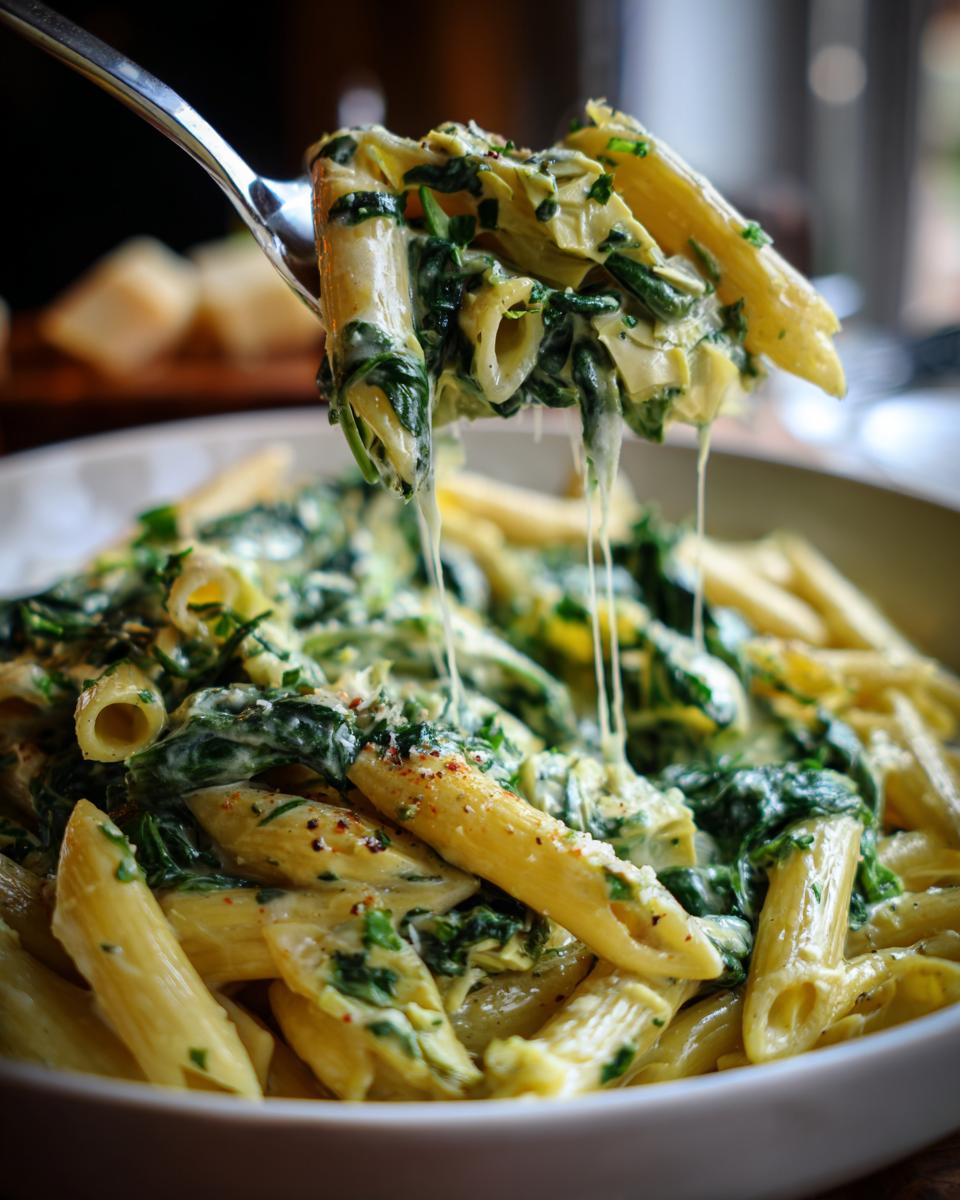A fork lifting a creamy portion of Easy Spinach Artichoke Pasta with Penne, showing melted cheese.