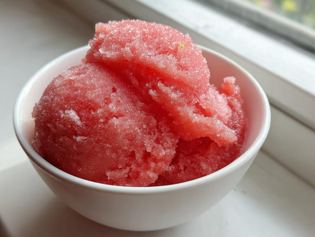 A white bowl filled with scoops of bright pink watermelon sorbet, a refreshing summer treat.