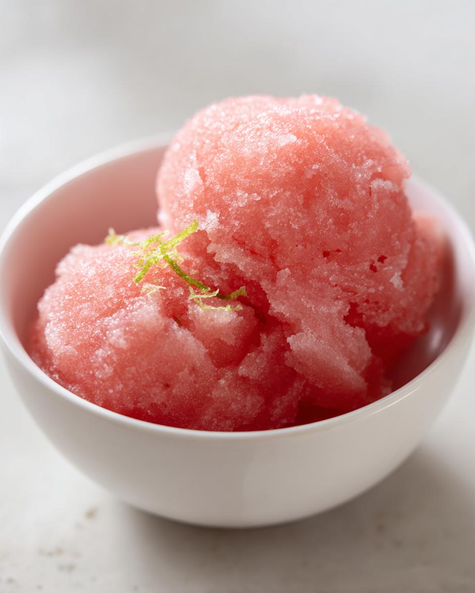 Close-up of three scoops of refreshing watermelon sorbet in a white bowl, garnished with lime zest.